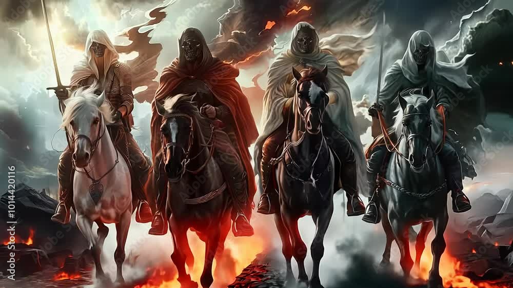 Prophetic vision: four horsemen of apocalypse representing conquest, war, famine, death, embodying harbingers of judgment, transformation in biblical lore, signifying impending change, chaos.