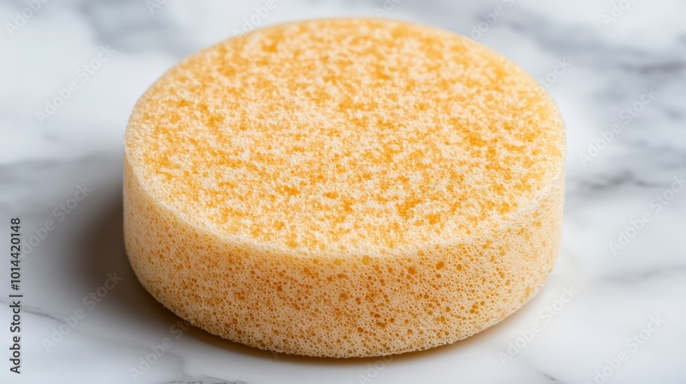A yellow, round, sponge on a marble surface. A yellow, round, sponge on a marble surface.