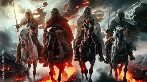 Prophetic vision: four horsemen of apocalypse representing conquest, war, famine, death, embodying harbingers of judgment, transformation in biblical lore, signifying impending change, chaos.