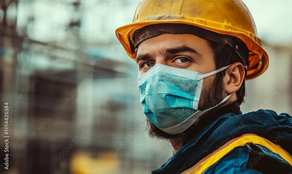 Construction worker wearing a face mask and hard hat. Construction worker wearing a face mask and hard hat.