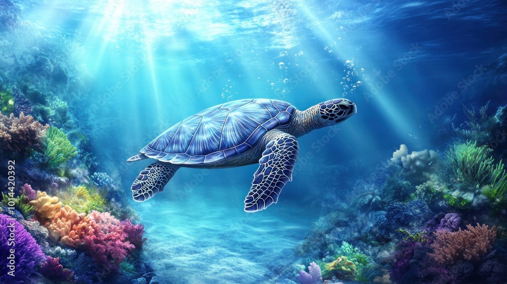 Obraz premium A serene underwater scene featuring a turtle swimming among colorful coral reefs.