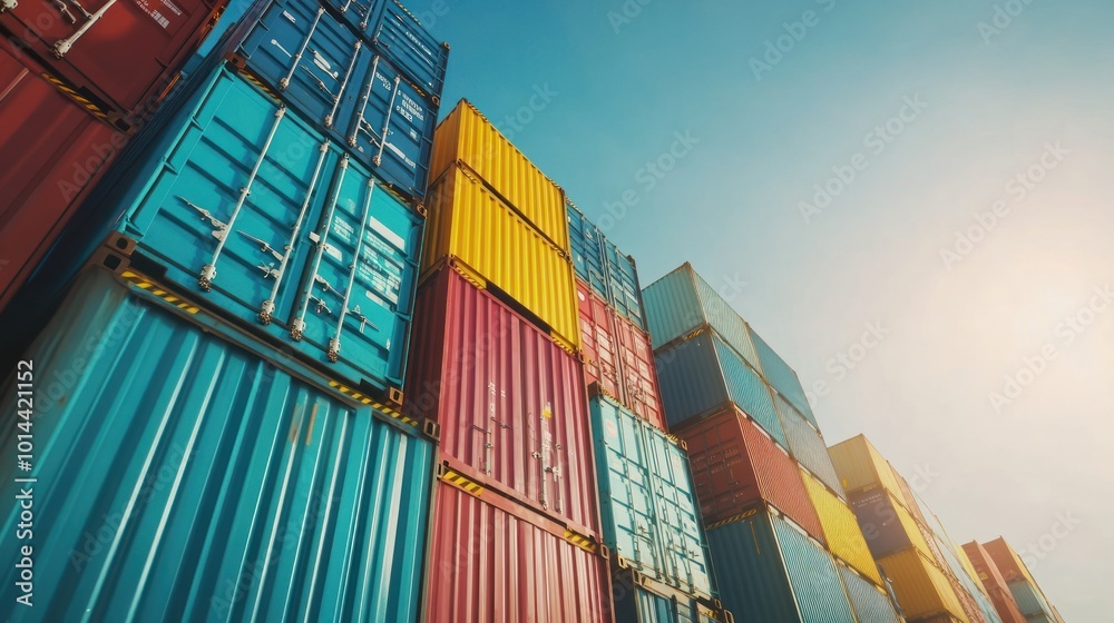 Fototapeta premium A stack of colorful shipping containers against a clear blue sky.