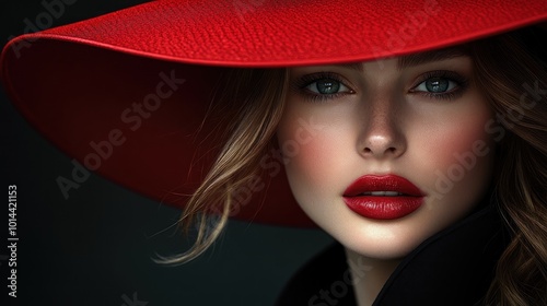 Close-up portrait of a woman in a striking red hat and bold makeup.