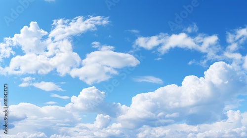 A deep blue sky with fluffy white clouds creating a picturesque scene