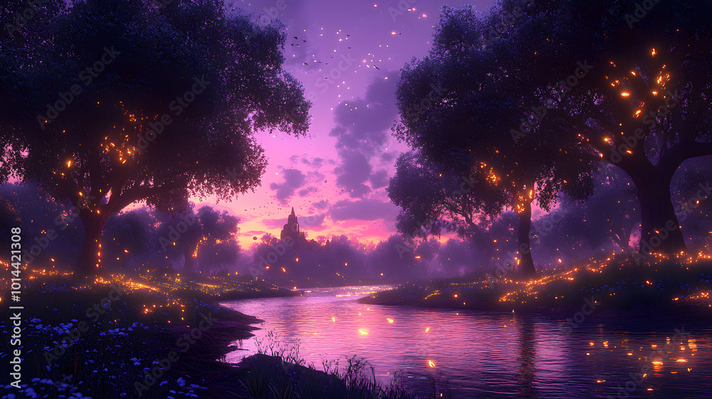 A mystical forest scene bathed in a violet glow. Trees adorned with shimmering lights line the banks of a tranquil river, reflecting the ethereal sky. A mystical forest scene bathed in a violet glow. Trees adorned with shimmering lights line the banks of a tranquil river, reflecting the ethereal sky.
