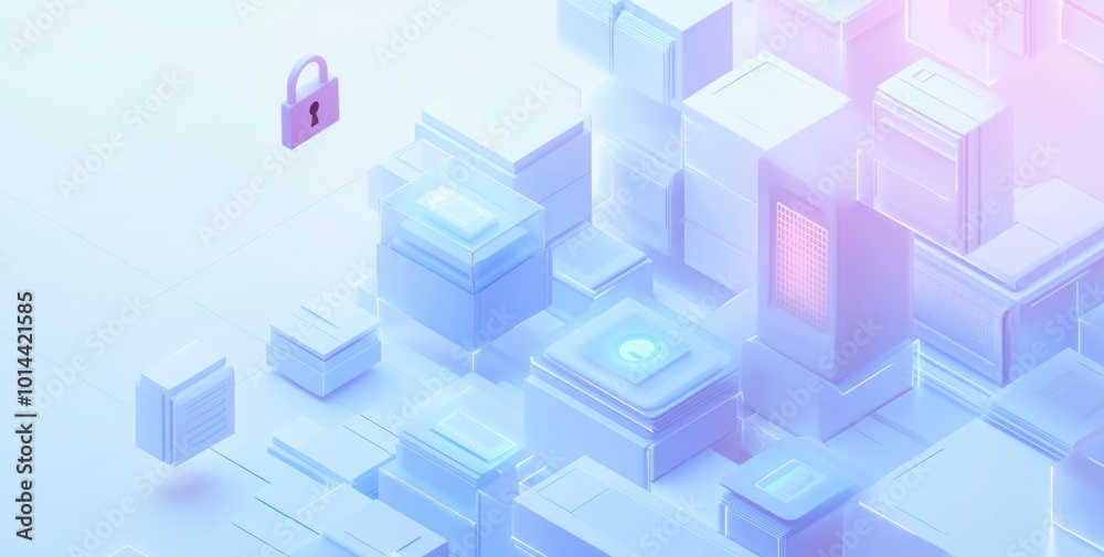 Abstract digital landscape with a padlock symbolizing security and data protection.