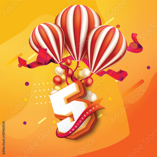 Colorful 5th anniversary design with striped balloons, festive ribbons, and vibrant balloons against a bright orange-yellow background, celebrating a joyful milestone.