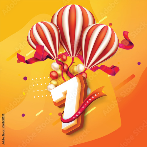 Colorful 7th anniversary design with striped balloons, festive ribbons, and vibrant balloons against a bright orange-yellow background, celebrating a joyful milestone.