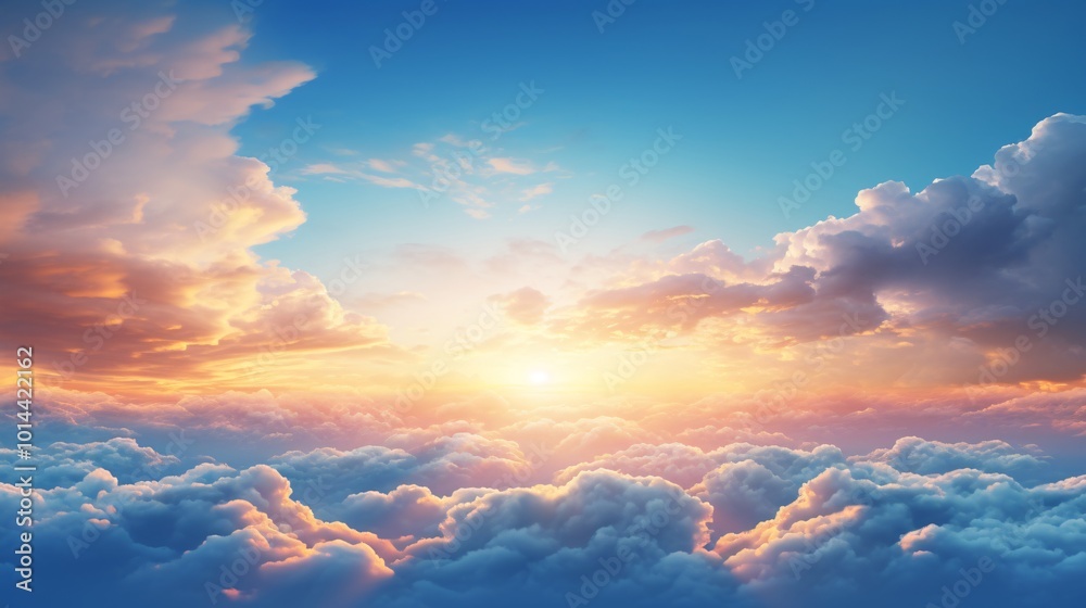 A panoramic shot of a blue sky with dramatic clouds at sunrise A panoramic shot of a blue sky with dramatic clouds at sunrise