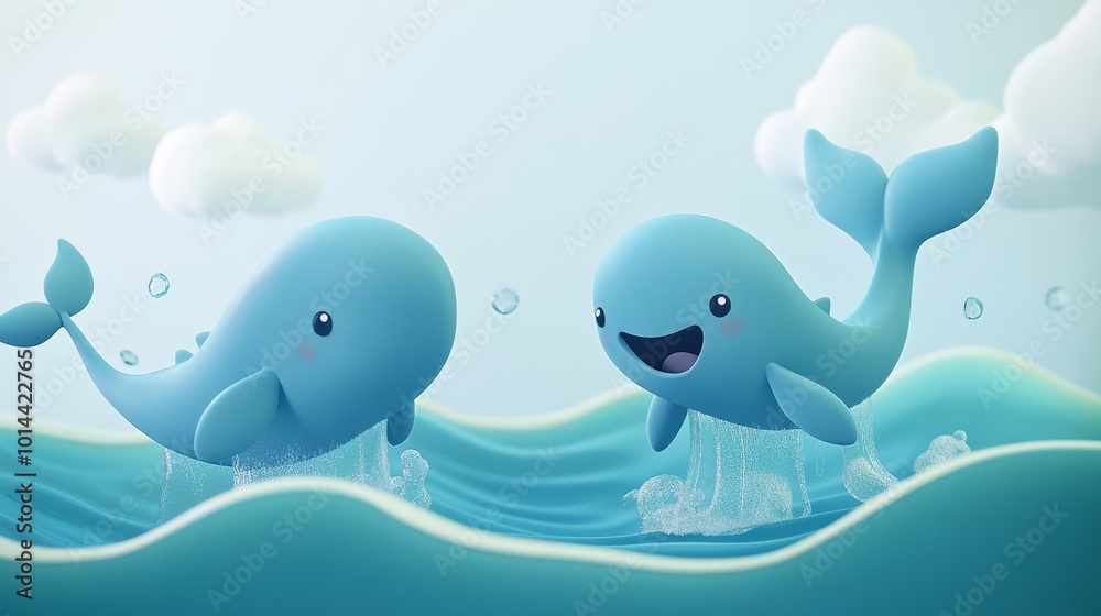 Cute Cartoon Whales in Playful Ocean Scene Cute Cartoon Whales in Playful Ocean Scene