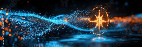 A vibrant digital representation of a compass with swirling blue and orange particles.