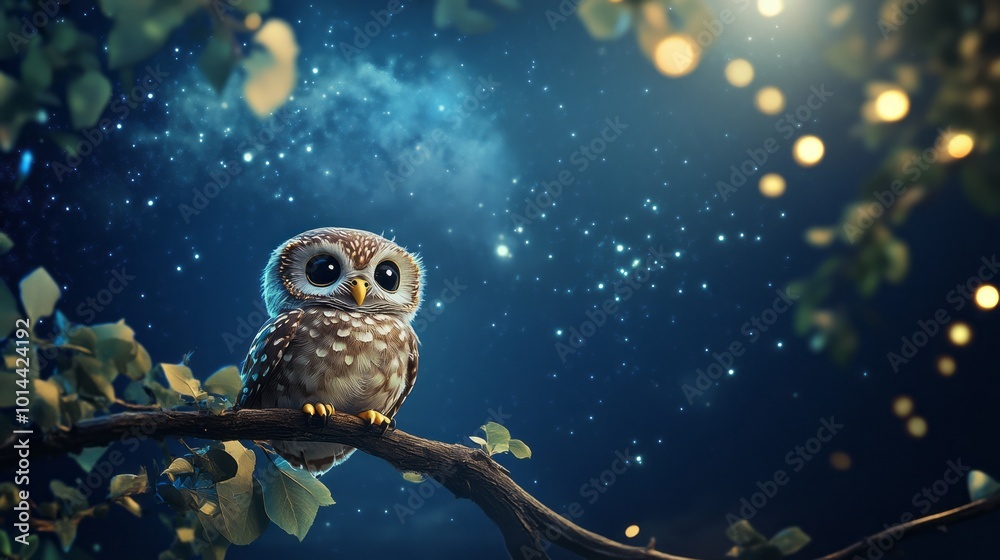 Cute Cartoon Owls Nestled in a Tree at Night Cute Cartoon Owls Nestled in a Tree at Night