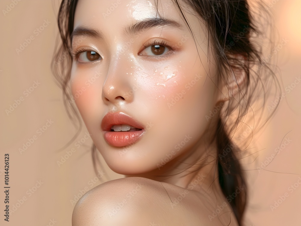 Fototapeta premium Striking Radiant Asian Beauty Portrait with Pastel Tinted Background