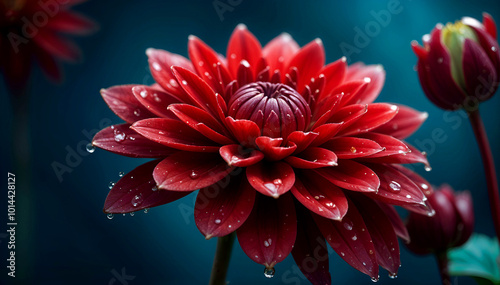 red dahlia flower with water drops