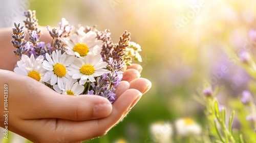 Hands Holding Lavender and Chamomile Flowers