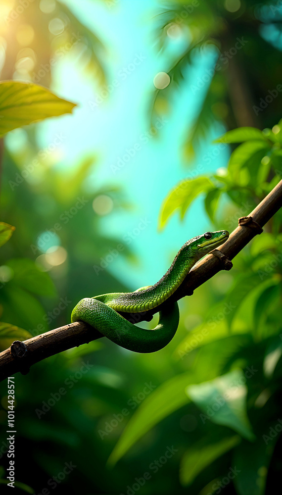 green snack on a branch in the garden