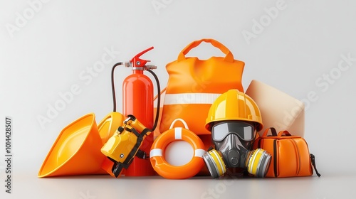 Safety equipment collection, orange items on white isolate background.