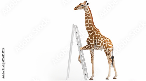 Giraffe try to use ladder on white background photo