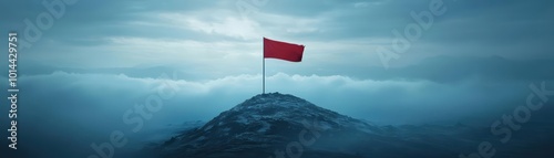 Red flag on a lonely mountain peak under a dramatic cloudy sky, symbolizing adventure and exploration.