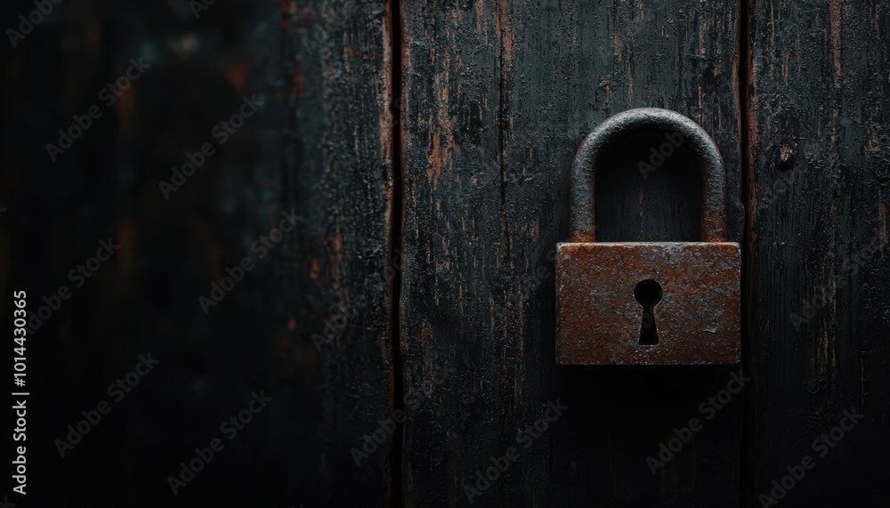 Rusty padlock hanging on a dark wooden door, symbolizing security and protection. Rusty padlock hanging on a dark wooden door, symbolizing security and protection.