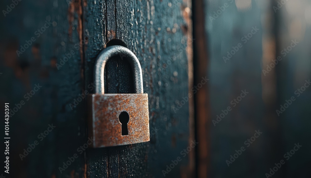Rusty padlock on weathered wooden door, symbolizing security and protection. Rusty padlock on weathered wooden door, symbolizing security and protection.