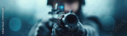 Soldier aiming rifle with a professional grip in a tactical environment. photo