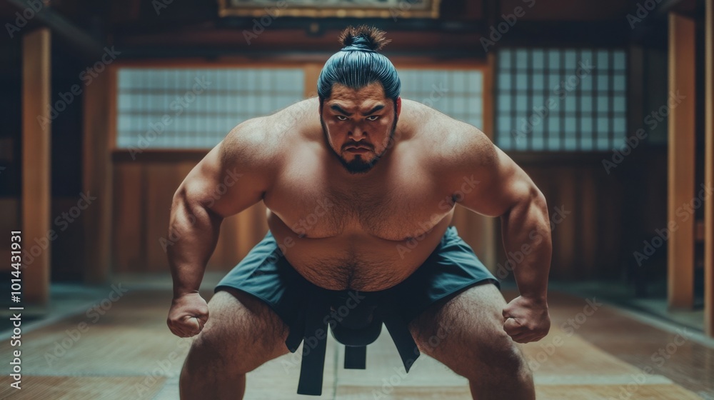 Japanese Male Sumo Wrestler Training in Traditional Setting Japanese Male Sumo Wrestler Training in Traditional Setting