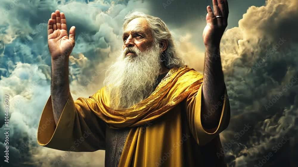 A man with a long white beard and a golden robe raises his hands in prayer, surrounded by swirling clouds
