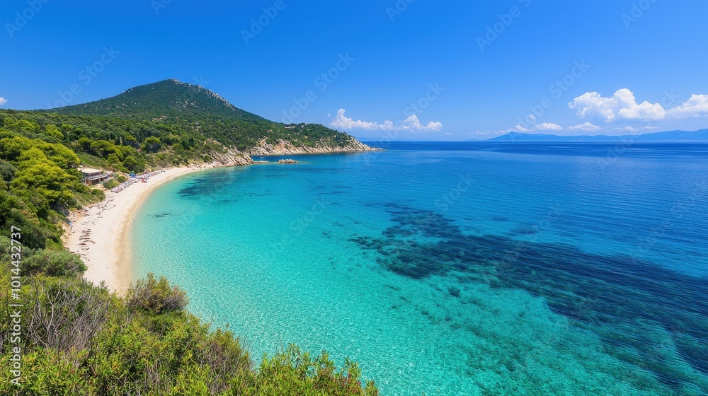 Stunning coastline view with crystal-clear waters and vibrant greenery under a bright blue sky. Stunning coastline view with crystal-clear waters and vibrant greenery under a bright blue sky.
