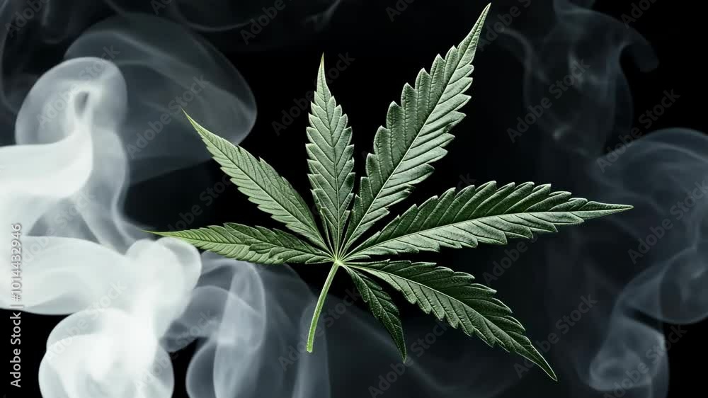 A single marijuana leaf is seen against a black background with wispy white smoke in the corner