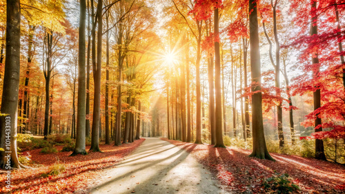 sunset in the forest. road, autumn, forest, tree, nature, fall, trees, landscape, leaves, season, woods, yellow, park, path, travel, street, sky, leaf, fog, countryside, scenic, country, rural, wood, 