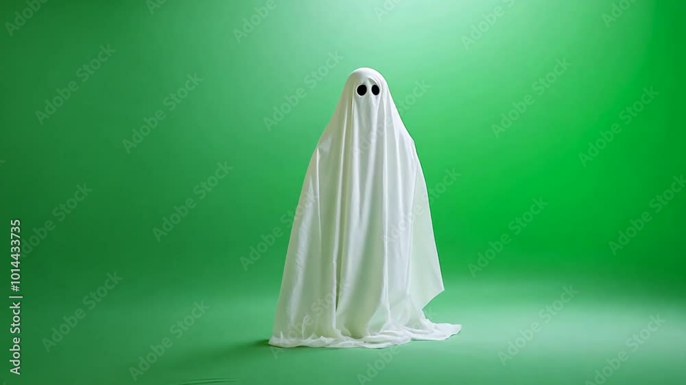 Ghostly Figure Against Green Screen: Spooky Halloween Ghost in White Sheet, Mysterious and Eerie, Perfect for Chroma Keying Ghostly Figure Against Green Screen: Spooky Halloween Ghost in White Sheet, Mysterious and Eerie, Perfect for Chroma Keying