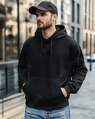 Man in Black Hoodie and Cap Walking in Urban Setting, Casual Streetwear Fashion, Modern Men's Clothing, Minimalist Style for Outdoor Comfort, Trendy Everyday Outfit, Stylish Hoodie and Denim Look