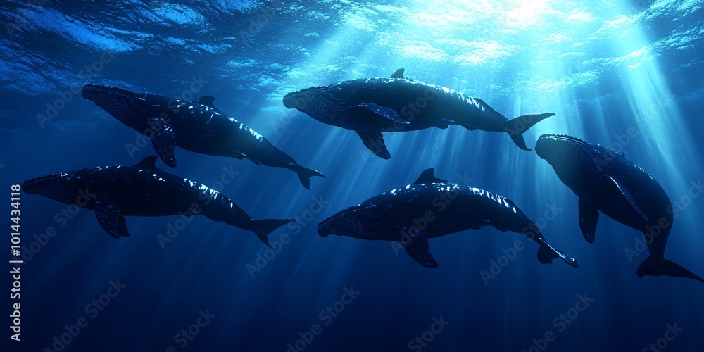 Fototapeta premium Five humpback whales swim in a deep blue ocean with beams of sunlight shining down on them.