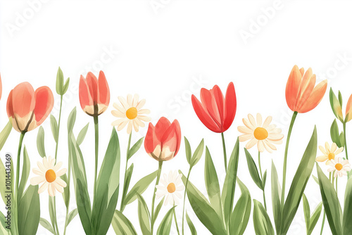 A vibrant watercolor illustration of colorful tulips and daisies among lush green leaves, set against a white background.