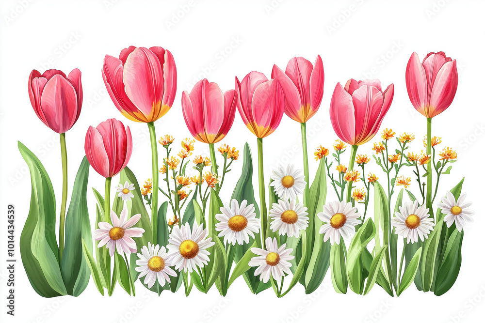 A vibrant arrangement of pink tulips and white daisies, depicting a lively spring garden scene filled with colorful blooms. A vibrant arrangement of pink tulips and white daisies, depicting a lively spring garden scene filled with colorful blooms.