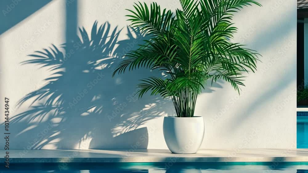 A lush palm tree casts a shadow on a white wall by a shimmering pool A lush palm tree casts a shadow on a white wall by a shimmering pool
