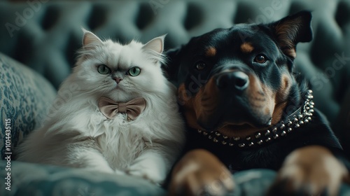 A regal cat adorned with a bowtie and a dignified dog, showcasing their elegance and charm as they pose together, demonstrating unlikely companionship and loyalty. photo