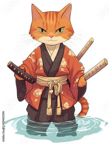 Orange Tabby Cat Dressed as a Samurai with Two Swords photo