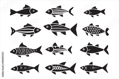 Swimming fish in black and white silhouette collection set