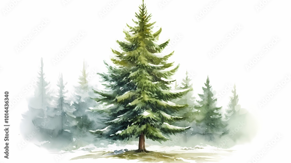 Fototapeta premium Serene watercolor illustration of evergreen trees in a misty forest setting.