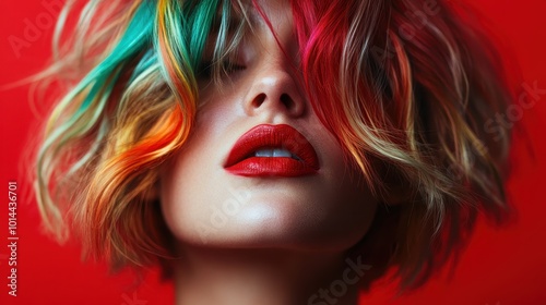 Close-up of a woman with bold rainbow-colored hair styled playfully around her face. Her vivid red lips add an extra element of dramatic flair to her look.