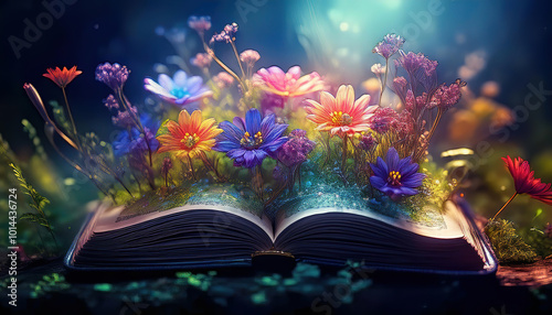 Open old book, herbs and flowers growing out, on a dark brawn wooden table.