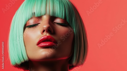 A close-up of a woman with striking teal hair and vibrant makeup, set against a stark red background, capturing a bold and artistic expression of style and beauty.