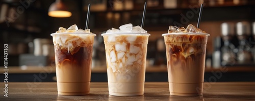 minimalist photo of three plastic cup mockup of cold coffee with ice cubes on table in cafe