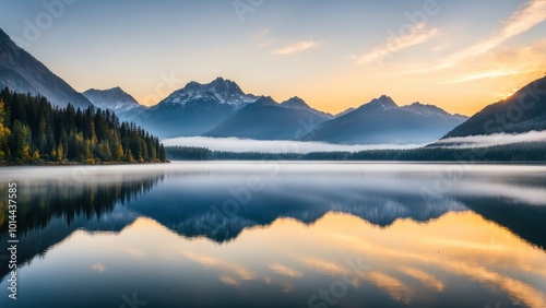 Serene lake at sunrise with mountains and reflections in calm water.