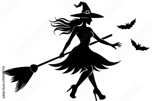  Hallowing  beautiful lady broom silhouette vector art illustration