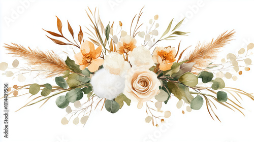 Watercolor boho flower bouquet featuring cotton leaves, dried foliage, eucalyptus, pampas grass, and beige flowers for elegant designs