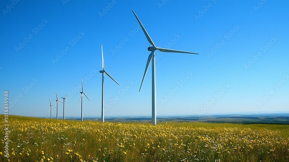 Wind turbines in a field of yellow wildflowers. Wind turbines in a field of yellow wildflowers.
