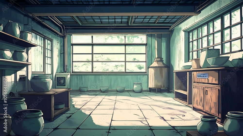 Fototapeta premium Sunlit Workshop Interior with Ceramic Pottery and Rustic Furnishings.
